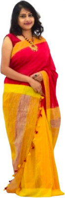 Sampa Das Solid/Plain Handloom Cotton Silk Saree(Red, Yellow)
