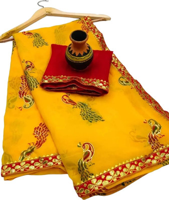 DAZLIO Printed Bollywood Georgette Saree(Mustard)
