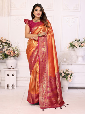 Just Aura Creation Printed Banarasi Tissue Saree(Orange, Magenta)