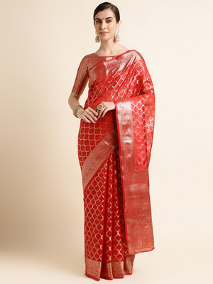 SHRIMAY Floral Print Bollywood Net, Organza Saree(Red)