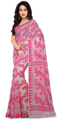 crochetin Woven Jamdani Cotton Blend Saree(White, Pink)