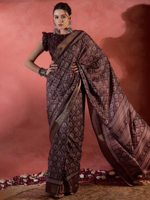 Sareemall Printed Daily Wear Silk Blend Saree(Brown)