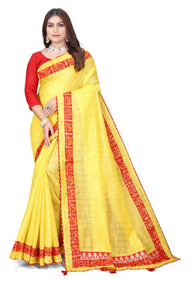 Dhanlaxmi Creation Checkered Handloom Cotton Blend Saree(Yellow)