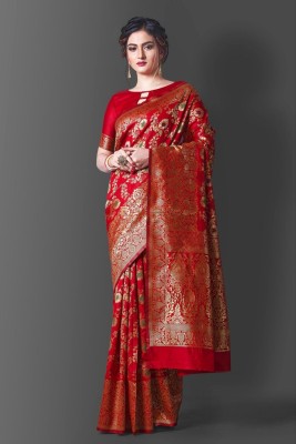 Bayja Floral Print, Woven, Printed, Self Design Banarasi Jacquard, Pure Silk Saree(Red)