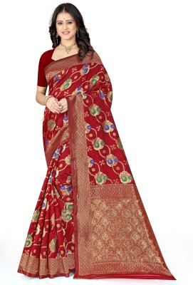 AMK FASHION Woven, Embellished, Solid/Plain, Printed, Floral Print, Digital Print, Dyed Banarasi Art Silk, Cotton Silk Saree(Maroon)