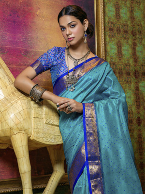 Sareemall Woven Banarasi Silk Blend Saree(Light Blue)