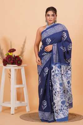 Akshara Fashion Printed Daily Wear Pure Cotton Saree(Blue)