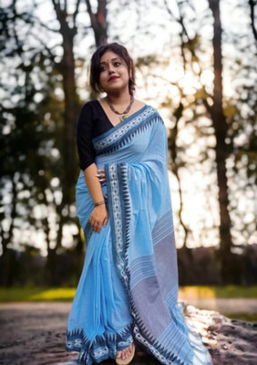 Sandhyatara Temple Border Handloom Cotton Silk Saree(Light Blue)