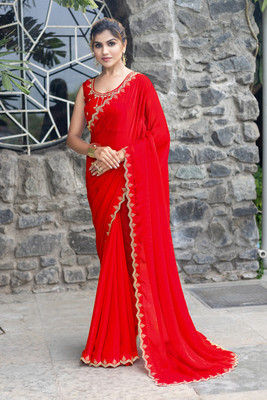 M.S.RETAIL Embellished Bollywood Satin Saree(Red)