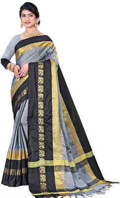 New Age Hub Woven Dharmavaram Cotton Silk Saree(Grey)