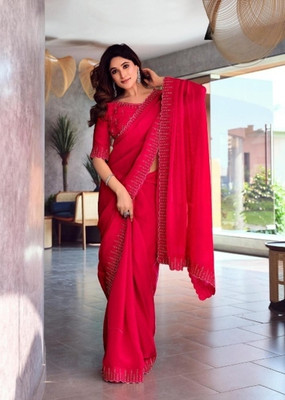 HARIOM CREATION Self Design, Solid/Plain, Geometric Print Saree with Attached Blouse Silk Blend Saree(Red)