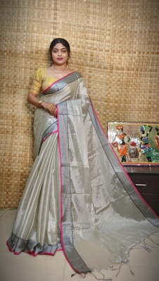NAMITASAREES Solid/Plain Saree with Attached Blouse Tissue Saree(Grey)