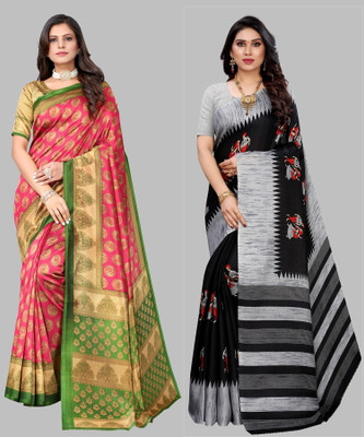 Priyashi Printed, Self Design Mysore Art Silk Saree(Pack of 2, Pink, Black)