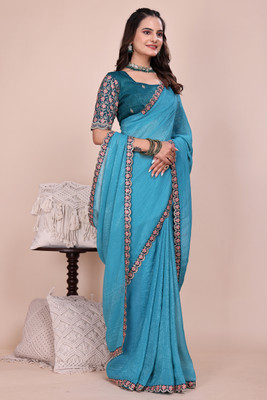 Zenophily Embroidered Bollywood Chiffon Saree(Blue)