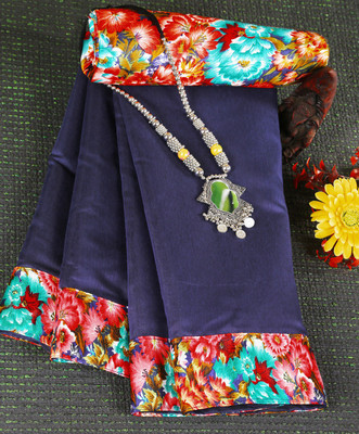 manish Solid/Plain Chanderi Cotton Blend Saree(Dark Blue)