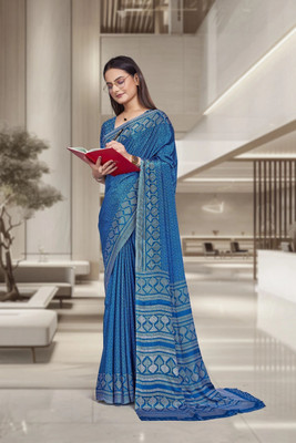 Feminista Printed, Solid/Plain Daily Wear Crepe Saree(Blue)