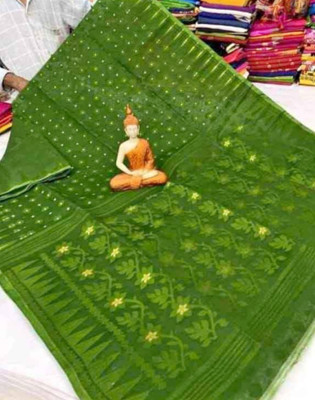 Soma Tant saree Mahal Self Design, Woven, Geometric Print Handloom Cotton Silk Saree(Green)