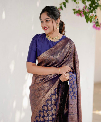 Madhav Creation Woven Banarasi Art Silk Saree(Blue)