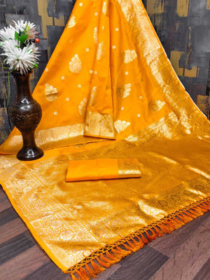 Bansari Textiles Woven, Self Design, Embroidered, Solid/Plain Banarasi Silk Blend Saree(Yellow)