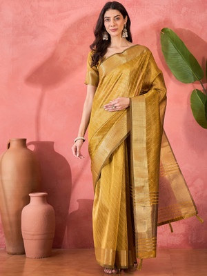 ShopGlobal Woven Banarasi Khadi Saree(Yellow)