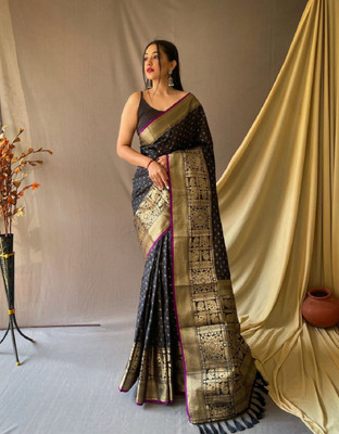 JIADIA Woven Kanjivaram Pure Silk Saree(Black)