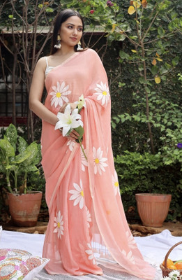 ONTIC LIFESTYLE Floral Print Handloom Pure Cotton Saree(Pink)