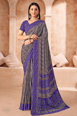 SainiVastra Floral Print Bollywood Crepe Saree(Grey)