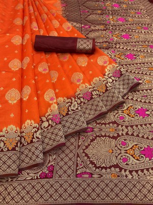 KanjiQueen Woven Kanjivaram Silk Blend Saree(Maroon, Orange)