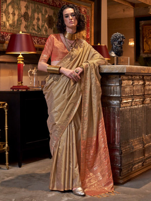 Sareemall Woven Banarasi Tussar Silk Saree(Beige)