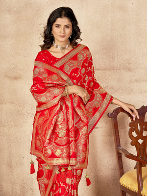 Valley Printed Banarasi Silk Blend Saree(Red)