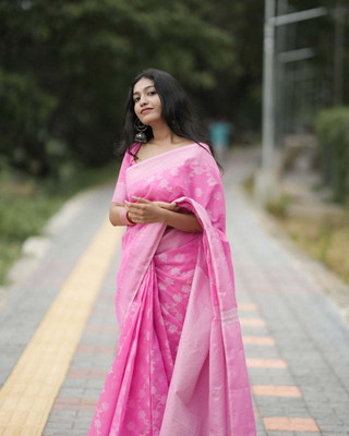 MIRMAN Woven Kanjivaram Pure Cotton Saree(Pink)
