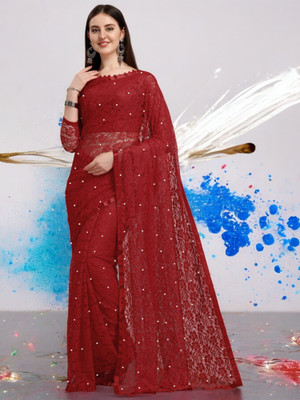 NORAFLEX Embroidered Bollywood Net Saree(Maroon)