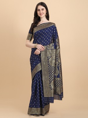 77A Woven Banarasi Jacquard, Art Silk Saree(Dark Blue)