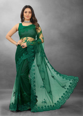 Barkiya Creation Embroidered Bollywood Net Saree(Dark Green)