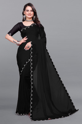 Labheshwari Solid/Plain Bollywood Georgette Saree(Black)