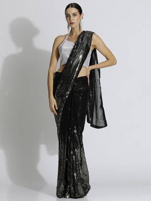 Jaipur Kurti Embroidered Bollywood Tissue Saree(Black)