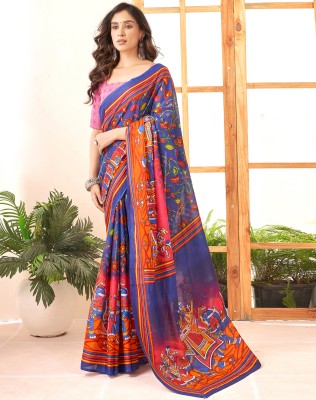 SIRIL Printed Kalamkari Pure Cotton Saree(Dark Blue, White)