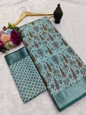 HouseOfCommon Printed Kanjivaram Pure Cotton, Cotton Silk Saree(Light Blue)