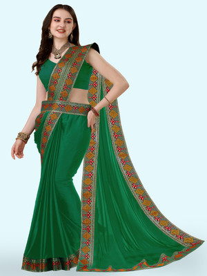 Anugrah Textile Solid/Plain Banarasi Lycra Blend, Chiffon Saree(Green)