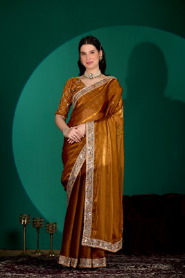 NQUEEN Solid/Plain Bollywood Jimmy choo Saree(Brown)