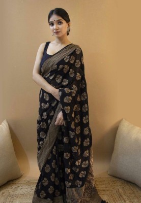 Upalksh Woven, Printed, Applique, Embellished Kanjivaram Art Silk Saree(Black)