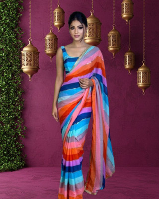 JAYAMENTERPRISE Striped, Printed, Digital Print Bollywood Georgette Saree(Multicolor)