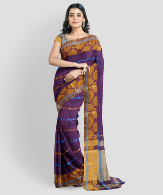 PRIDE SALES Woven, Hand Painted, Floral Print Handloom Cotton Linen, Cotton Blend Saree(Purple, Yellow, Black, Blue)