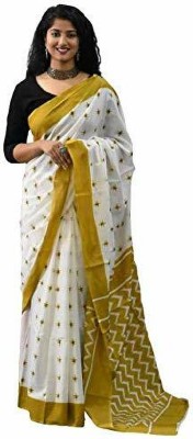 NIKHILAM Printed Daily Wear Pure Cotton Saree(Brown, White)