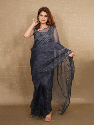 ANOUK Embroidered Saree with Attached Blouse Organza Saree(Blue)