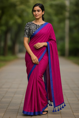 SMRITI BOUTIQUE Printed Bollywood Handloom Pure Cotton Saree(Pink, Blue, Black)