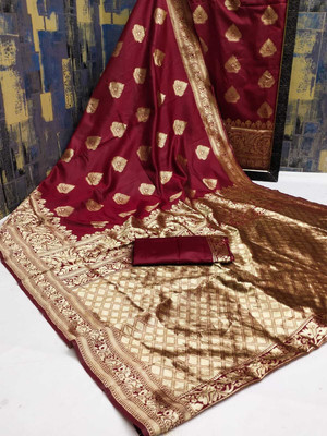 AAGIRI Self Design, Floral Print, Embellished, Woven, Applique Banarasi Jacquard, Art Silk Saree(Maroon)