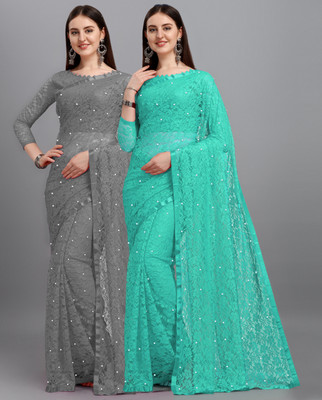 LOROFY Self Design Bollywood Net Saree(Pack of 2, Multicolor)
