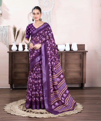 Samah Floral Print, Printed, Embellished Daily Wear Linen, Cotton Blend Saree(Purple)