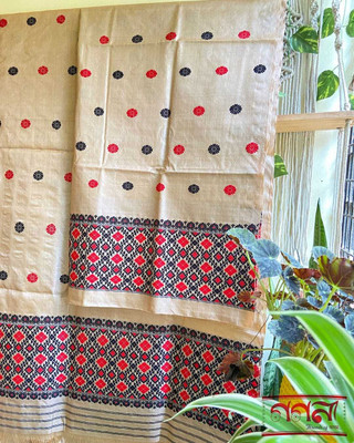 vrajnetic Woven Mekhela Chador Pure Cotton Saree(Cream)